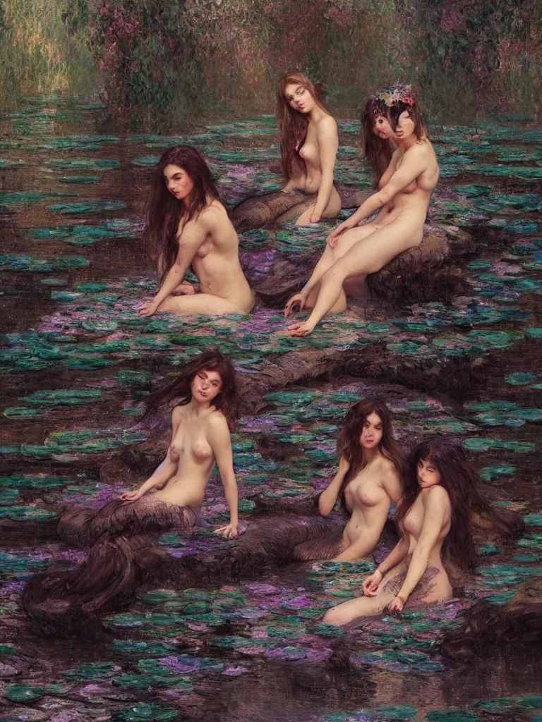 Image similar to illustration studio portrait of three dark beautiful woman bodies mermaids female energy in artistic poses in the river at the forest, monet painterly motives and textures pattern, hyper detailed, octane render, vivid colors, artstation, by jeremy mann, by alphonse mucha, by monet