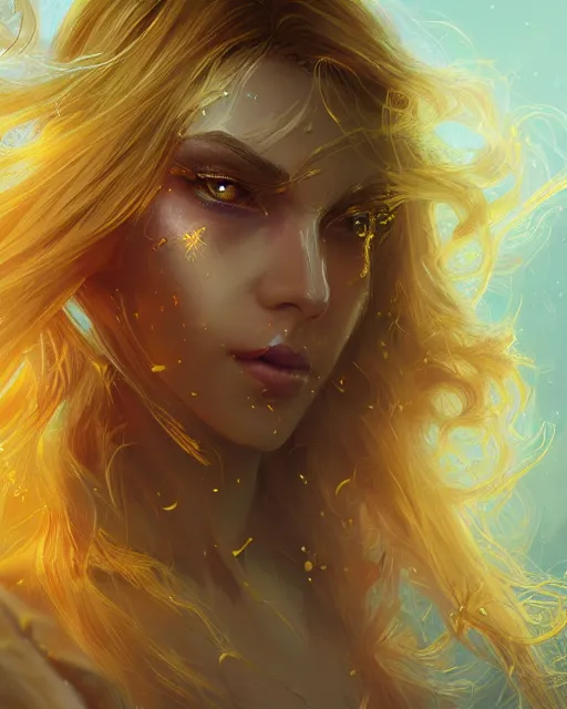 Image similar to a beautiful sun sorceress, flowy yellow golden hair, golden eyes, sun, summer, cinematic lighting, highly detailed, digital painting, trending on artstation, pixiv, concept art, sharp focus, illustration, art by ross tran and wlop, dark art