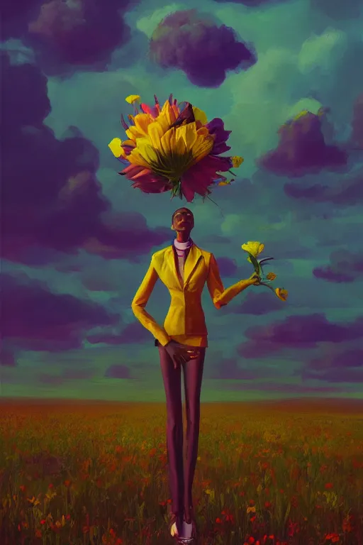 Prompt: closeup, giant flower as head, black woman in suit, surreal photography, golden hour, colorful clouds, impressionist painting, digital painting, artstation, simon stalenhag