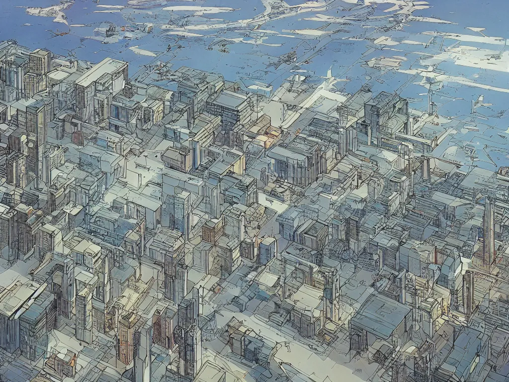 Image similar to community of people living in large airport with tall windows, looking at the horizon. moebius