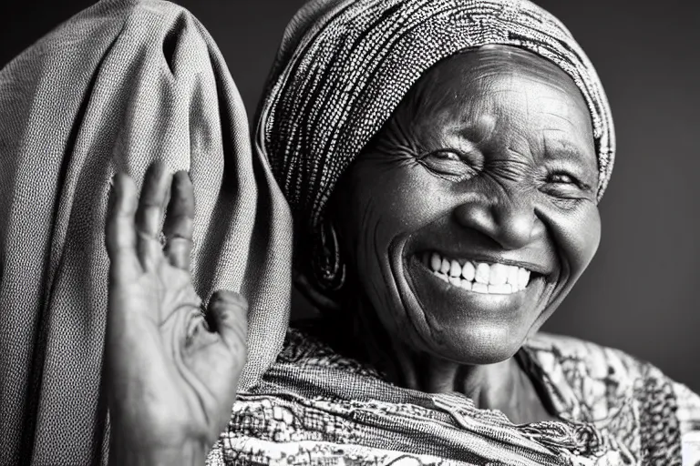 Image similar to still photo of a old african woman smiling at the camera on the street, black and white color aesthetic, highly detailed, photorealistic portrait, bright studio setting, studio lighting, crisp quality and light reflections, unreal engine 5 quality render