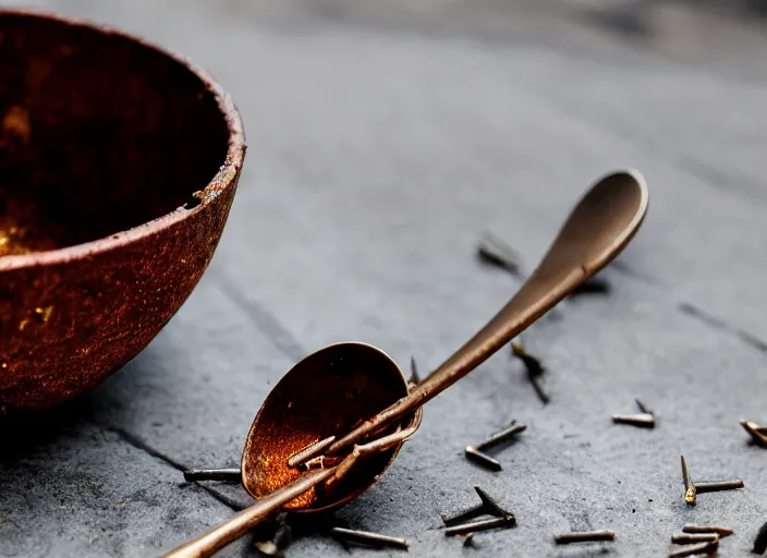 Image similar to dslr photograph of a bowl filled with rusty nails and metal parts with a spoon next to it, 8 5 mm f 1. 8