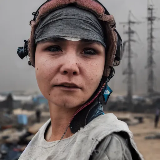 Image similar to photographic portrait of a poor techwear woman holding back tears, a futuristic shanty town burns in the background, closeup, sigma 85mm f/1.4, 4k, depth of field, high resolution, 4k, 8k, hd, full color