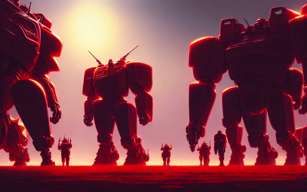 Image similar to a cinematic scene of marching red colossal mechs going to war by moebius and stephan martiniere and dan mumford, trending on artstation, digital art, 4 k resolution, detailed, high quality, sharp focus, hq artwork, insane detail, cinematic, volumetric lighting, dramatic lighting, epic light, cinematic aesthetic