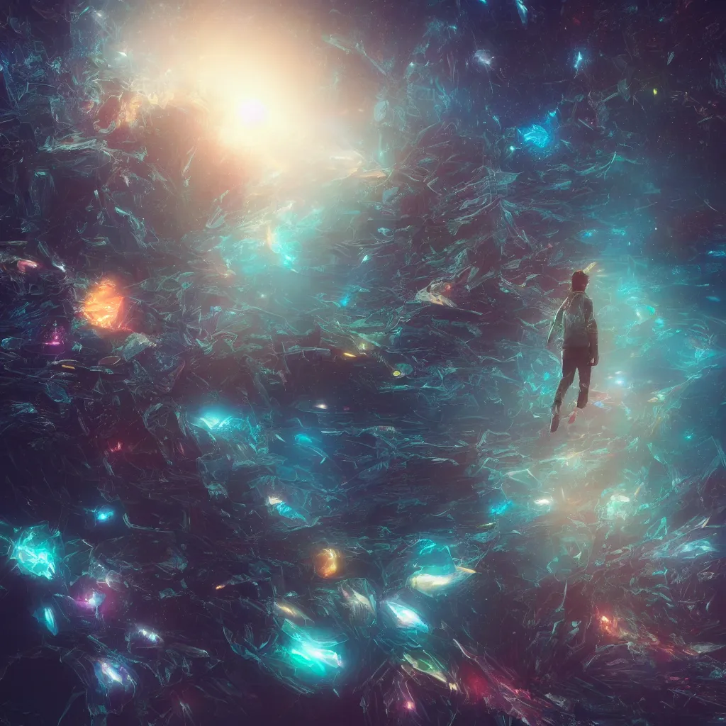 Image similar to letting go of reality and experiencing the quantum feild, matte painting comic book art, cinematic, highly detailed, realistic, beautiful cosmic neural network, octane render, unreal engine, depth of field, trending on artstation, sharp focus, philosophical splashes of colors