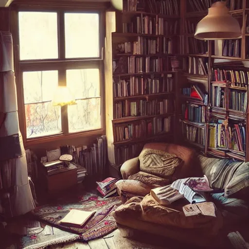 Prompt: cosy house interior with a lot of book everywhere, beautiful lighting, weird atmosphere