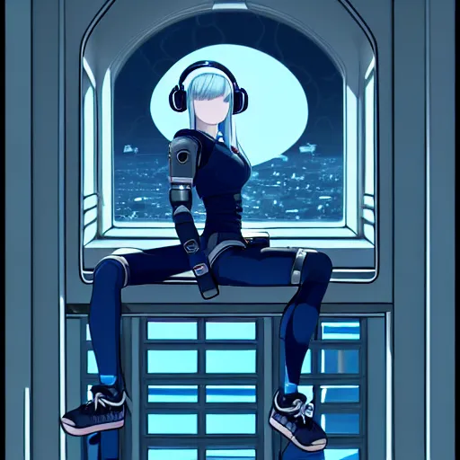 Image similar to cyborg - girl with silver hair, wearing headphones, and sitting on a window sill, highly detailed, painting, dark blue and black color palette, intricate, high quality anime artstyle, in the style of wlop