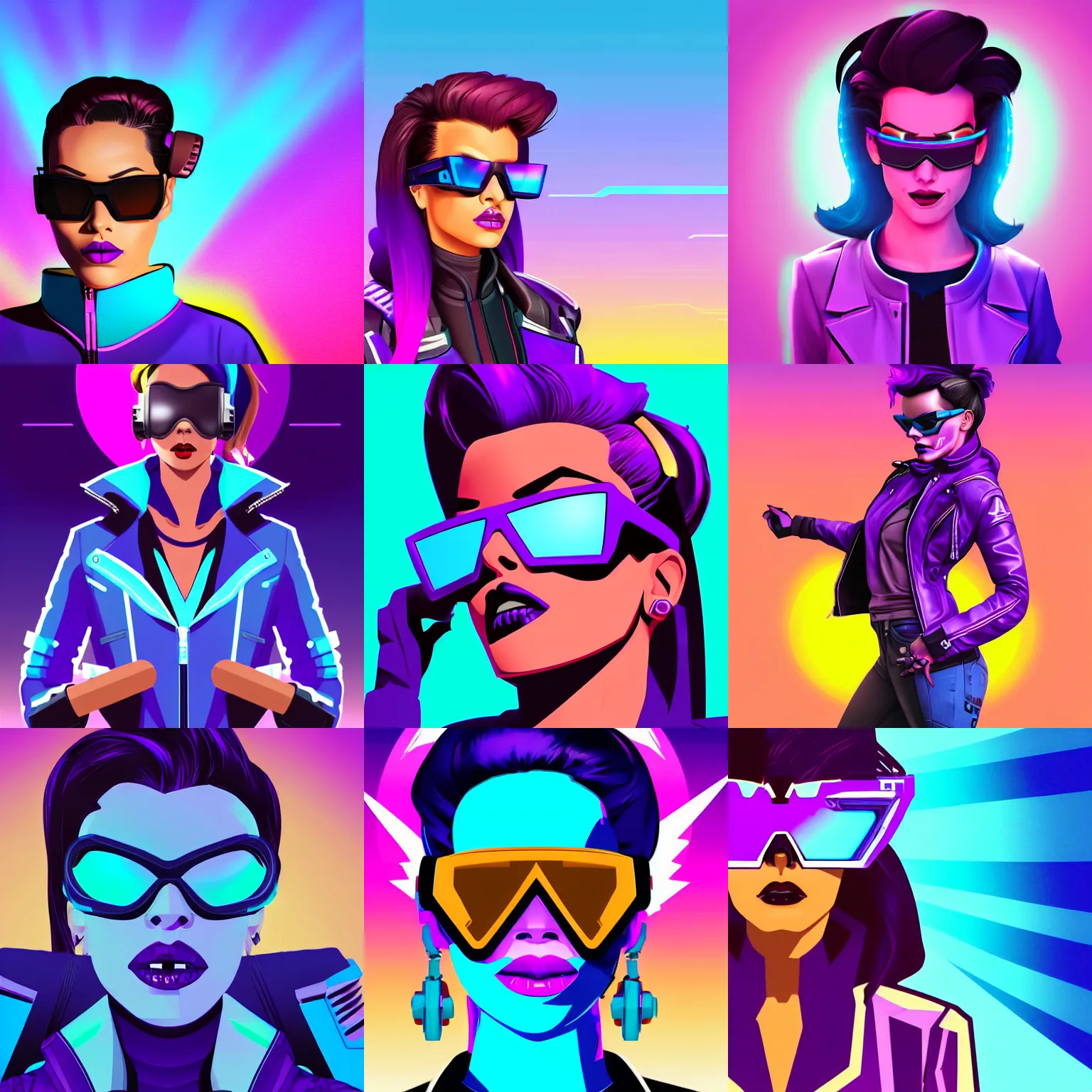 Prompt: portrait of sombra from overwatch with light blue shutter shades in front of a sunset, a dark purple leather jacket, one side brown haircut with blue tips on the end, vector art by jan tengnagel, pixabay contest winner, retrofuturism, retrowave, synthwave, outrun, portrait, synthwave