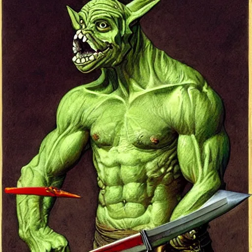 Image similar to dog - faced muscular goblin, ugly face, lizard tail, holding scimitar made of bone, scimitar, sword, jagged sword, curved sword, orkish sword, colorized, green skin, hyper - detailed, primeval fantasy, prehistoric fantasy, art by jacques - louis david