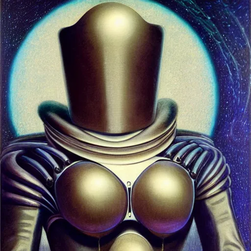 Prompt: portrait of beautiful gothic and futuristic woman, space armour, cyber armour, highly detailed, artstation, illustration, composition, 8 k quality, art by jean delville, rene magritte, hyperrealism oil painting