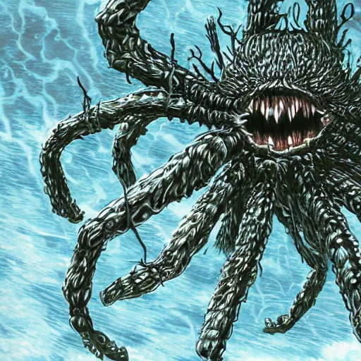 Prompt: giant spider made of fire attacking a scary monster made of water by kentaro miura