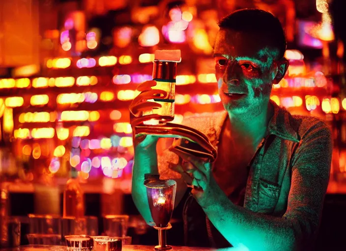 Image similar to a 2 8 mm macro kodachrome photo of a sad metallic cyborg with glowing lights getting drunk alone at a bar in the 1 9 5 0's, seen from a distance, bokeh, canon 5 0 mm, cinematic lighting, film, photography, golden hour, depth of field, award - winning