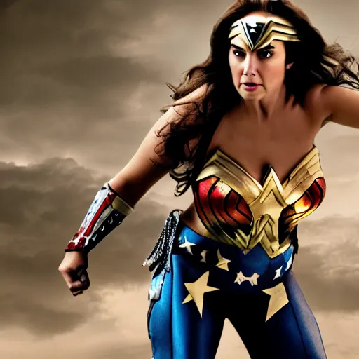Prompt: a fat nic cage playing wonder woman, hd digital photography, movie still