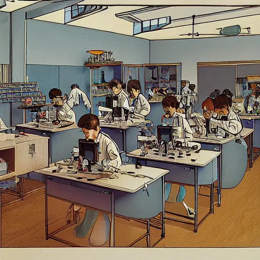 Prompt: a school science lab, by moebius