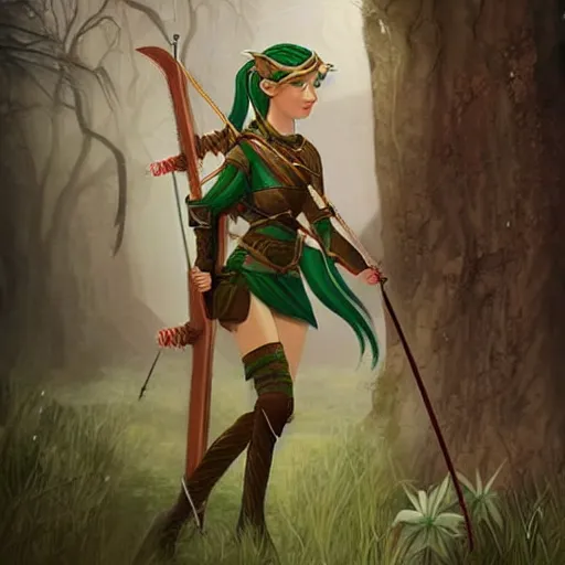 Prompt: female wood elf archer, beautiful fantasy illustration,