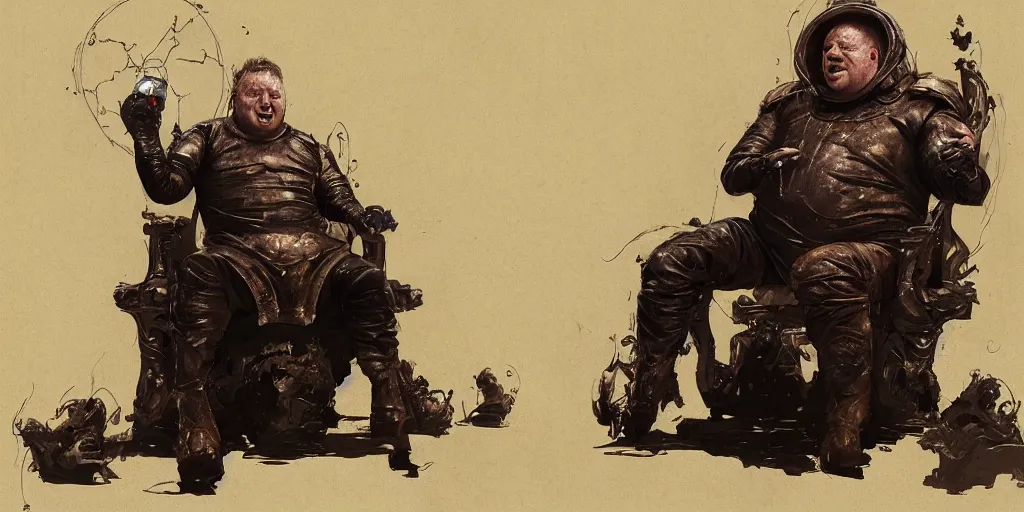 Prompt: shaun ryder as baron harkonnen wearing a leather spacesuit and sitting on a throne in the throne room on guidi prime, by normal rockwell and craig mullins and jeremy mann, photoreal, science fiction character concept art, artstation