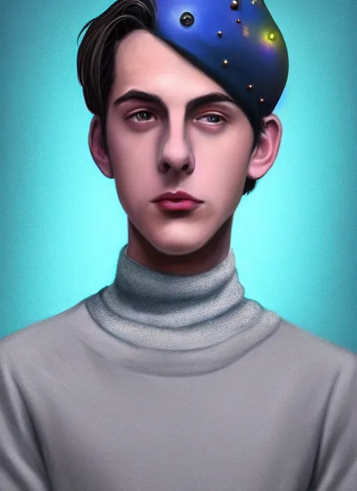 Image similar to portrait of teenage jughead jones wearing a light grey crown, crown, blue turtleneck, 1 9 5 0 s, closed eyes, photorealistic, black hair, glowing lighting, intricate, elegant, glowing lights, highly detailed, digital painting, artstation, concept art, smooth, sharp focus, illustration, art by wlop, mars ravelo and greg rutkowski