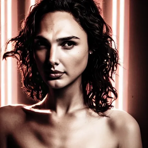 Image similar to photo of Gal Gadot, close up, with a cyberpunk camera over right eye with led lights, robotic implants over face with small led lights, white background, fine art photography in the style of Bill Henson