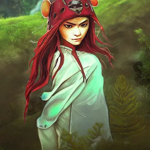 Image similar to “Zendaya, Mononoke-hime style, cartoon, blue sky with white clouds green hills and mountains on the background, fantasy, photorealistic, concept Art, ultra detailed portrait, 4k resolution”