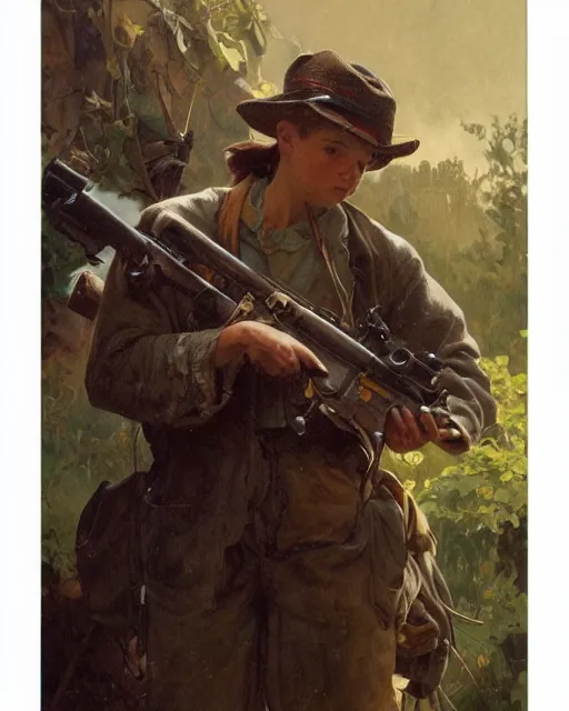 Image similar to side portrait of an Appalachian boy playing with a dusty cap gun, detailed features, dirt, Appalachian mountains, sharp focus, illustration, highly detailed, oil painting, matte, art by Greg Rutkowski and Alphonse Mucha, masterpiece