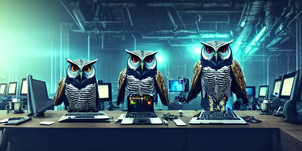 Image similar to an giant evil, malevolent, cyborg owls looking at a computer, surrounded by computer screens. steampunk. hyperealistic very colourful hdr cinematic lighting cgi render photorealistic cinematic octane render