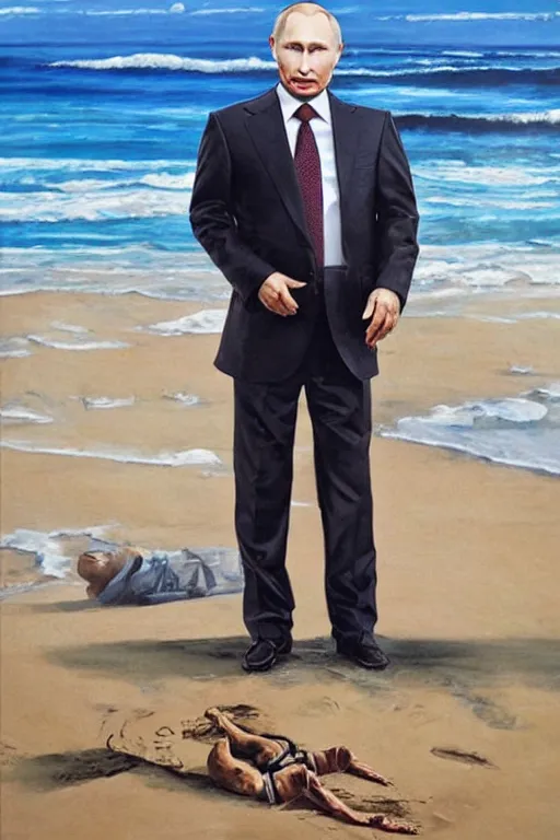 Image similar to Putin on a beach, full character, hyper realistic, highly detailed