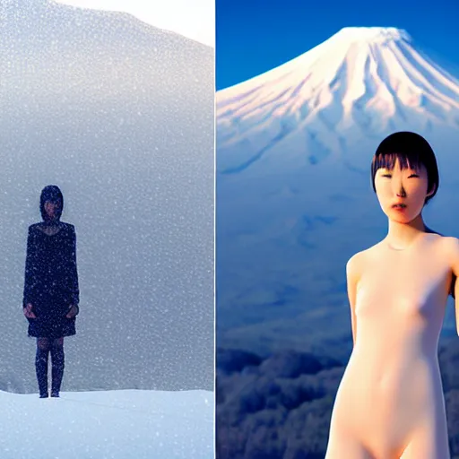 Image similar to a instax photo of fuji mountain, a tall japanese girl in a transparent sheer fabric dress against the background of fuji mountain, perfect faces, fine details, severe snow, full body shot, perfect symmetrical body, coherent symmetrical eyes, rule of thirds, by peter kemp, by monia merlo, hyperrealistic, hyperdetailed, octane render, 8 k