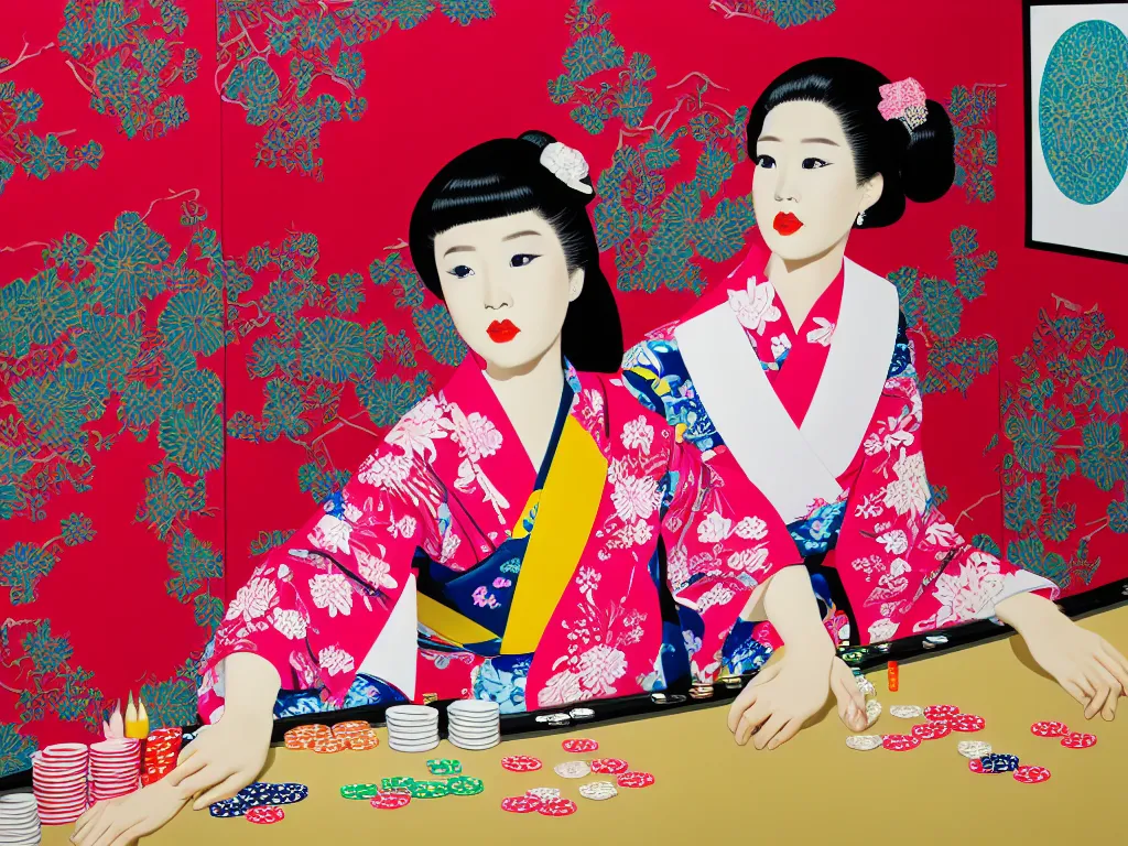 Image similar to hyperrealism composition of the detailed single woman in a japanese kimono sitting at an extremely detailed poker table with barbie, fireworks and folding screen on the background, pop - art style, jacky tsai style, andy warhol style, acrylic on canvas