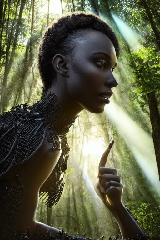 Prompt: hyperrealistic very beautiful black woman, highly detailed exoskeleton armor in a forest, sun behind her soft god rays, concept art eric zener elson peter, dramatic light low angle hd 8k sharp focus