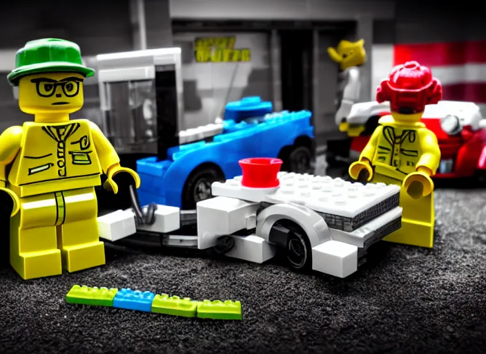 Image similar to product photo still of walter white breaking bad car wash lego playset, 8 k, 1 2 0 mm macro, f 1. 8, studio lighting, key light