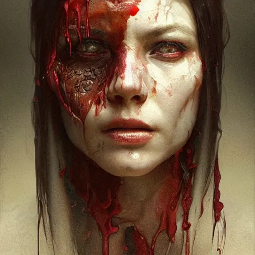 Image similar to portrait painting of a bloodied butcher, ultra realistic, concept art, intricate details, eerie, highly detailed, photorealistic, octane render, 8 k, unreal engine. art by artgerm and greg rutkowski and alphonse mucha