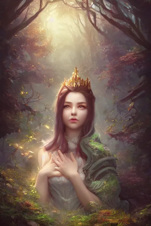 Image similar to woman woshiping god in dreamy forest, fantasy, 8 k resolution, hyper detailed, d & d, character design, digital painting, trending on artstation, sharp focus, illustration, art by artgerm, steve zheng, fuji choko, viktoria gavrilenko, hoang lap