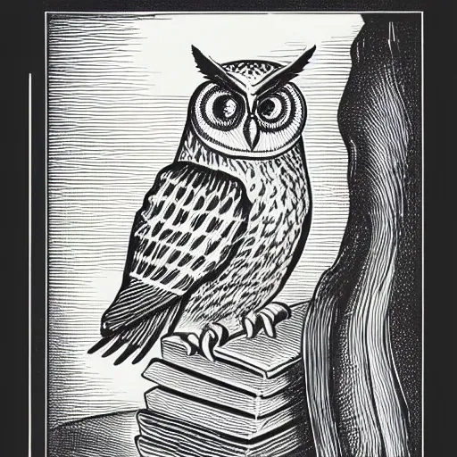 Prompt: an owl perched on a stack of books, art by james o barr and albrecht durer, woodblock print, black and white, vector