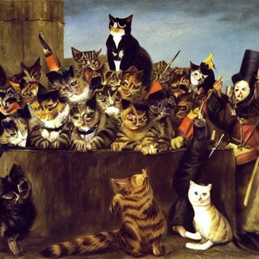 Prompt: Cat revolutionaries in various costumes on a barricade in Paris, 1848, oil on canvas, by Delacroix, 8k