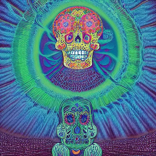 Prompt: dia de los muertos lamp in a quantum wormhole, juxtapoz, artforum, james eads