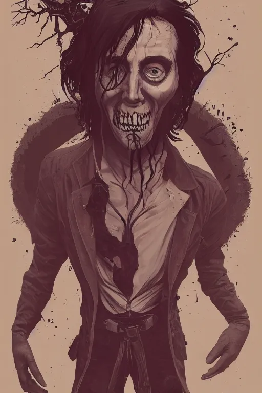 Image similar to nicolas cage in sleepy hollow, full body, big two toned eyes, teeth gritted, horror, intricate details, cinematic, epic, realistic, anatomy, tomer hanuka, uplight, artstation, photorealistic, scary