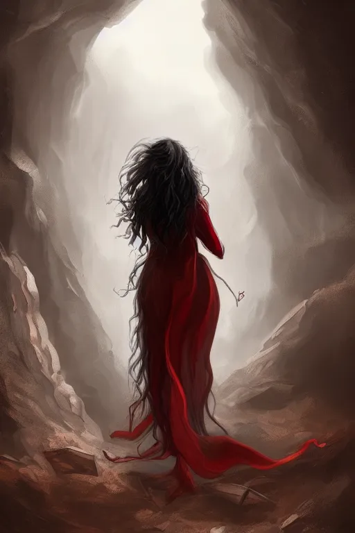 Prompt: back view of a curly long black haired woman wearing grey hoodie discovering a red dragon in a cave, digital art, trending on artstation, fantasy painting