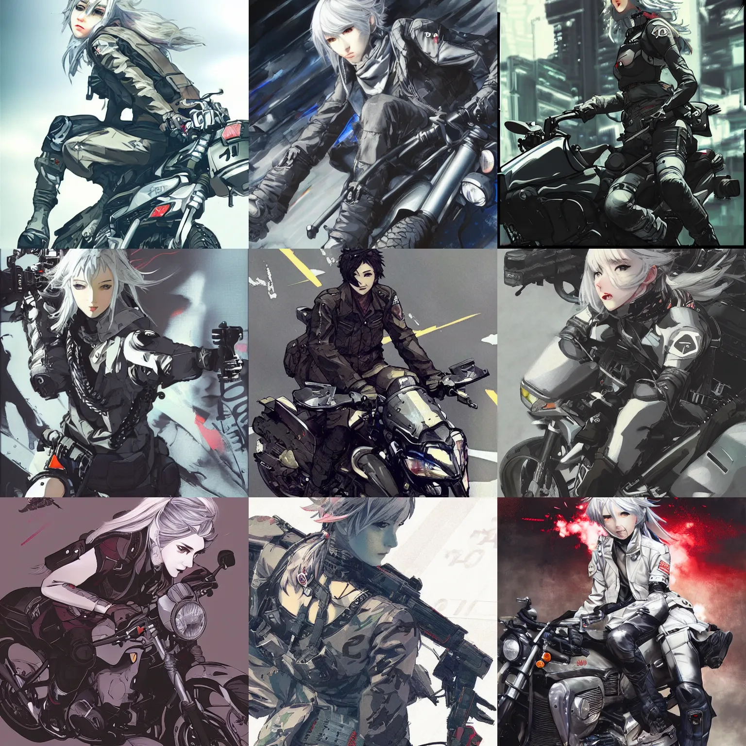 Prompt: girl silver hair, multicam, motorcycle, illustration by Yoji Shinkawa and Krenz Cushart, cinematic intense