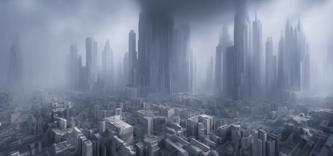 Image similar to dramatic view of giant cuboid megatropolis structure at day, giant towering pillars, colored fog,, unreal engine, dramatic lighting, detailed, ambient occlusion, global illumination, god rays, 3 d artstation render by annibale siconolfi and paul chadeisson
