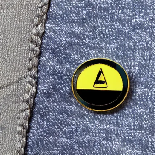 Prompt: a diamond enamel pin depicting a caution label, smooth curves