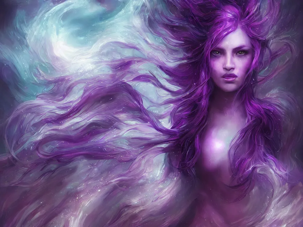 Image similar to epic portrait an beautiful nebulae goddess with purple long flowing hair and purple glowing eyes, sweaty skin, beautiful face, blurry lighting strike space backround, digital painting, artstation, concept art, soft light, hdri, smooth, sharp focus, illustration, fantasy, intricate, elegant, highly detailed, D&D, matte painting, in the style of Greg Rutkowski and Alphonse Mucha and artemisia, 8k, highly detailed, jurgens, rutkowski, bouguereau, pastoral, rustic, georgic, detailed concept art, illustration, colorful pastel, painting, detail, ultra detailed, digital art, 4K,