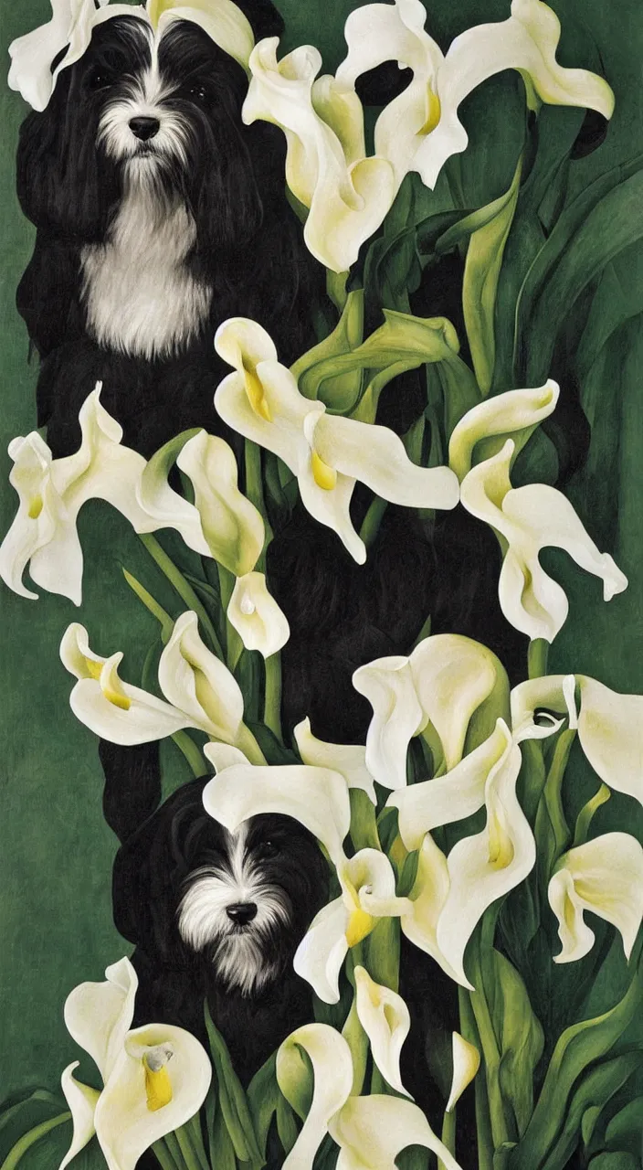 Image similar to portrait of a havanese dog with calla lillies, mexico, painting # by diego rivera 1 9 3 5
