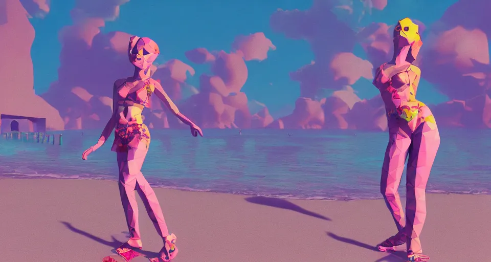 Image similar to fullbody vaporwave art of a fashionable zombie girl at a beach, early 90s cg, 3d render, 80s outrun, low poly, from Hotline Miami, Beksinski, super mario 64
