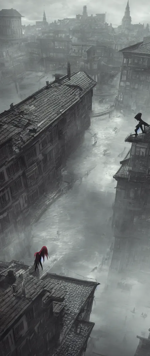 Image similar to lelouch lamperouge and asuka langley running on the roofs in dishonored town, dunwall city, redshift render, cinematic lighting, rainy weather, melancholy atmosphere, dunwall city, volumetric light, octane render, dishonored game, dishonored 1, gothic architecture, atmosphere of depression and despair