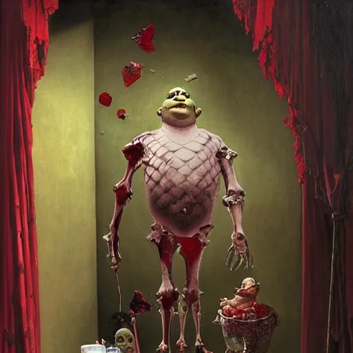 Prompt: a transparent inflated shrek made of red liquid wax with bones, rose petals, glass birds is dressed on a glass glossy mannequin. dark gloomy classic interior with marble trim, full-length, oil painting in a renaissance style , very detailed, red background, painted by Caravaggio, Greg rutkowski, Sachin Teng, Thomas Kindkade, Alphonse Mucha, Norman Rockwell, Tom Bagshaw