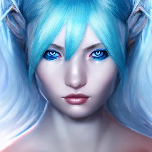 Prompt: perfectly - centered close - up portrait - photograph of blue - haired goddess with glowing - red - eyes, the perfect human female specimen, intricate, elegant, super highly detailed, professional digital painting, artstation, concept art, smooth, sharp focus, no blur, no dof, extreme illustration, unreal engine 5, 8 k, by anne stokes