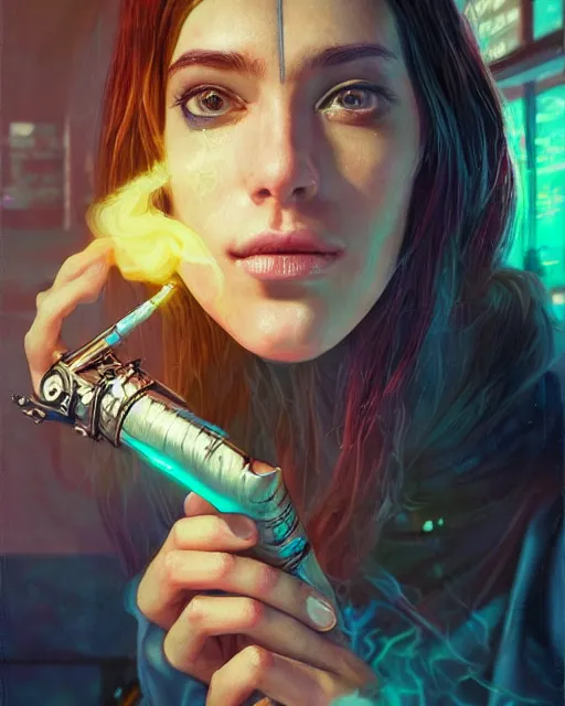 Image similar to portrait of a brunette cyberpunk hippie smoking a tobacco pipe | highly detailed | very intricate | symmetrical | professional model | cinematic lighting | award - winning | painted by mandy jurgens | pan futurism, dystopian, bold colors, cyberpunk, anime aesthestic | featured on artstation