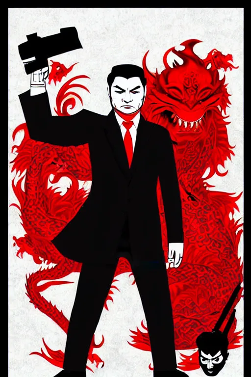 Image similar to chinnese mafia, with black suit and red tissue, some of leader have dragon tatto. digital art, concept art, pop art, bioshock art style, accurate, detailed, gta chinatown art style, cuphead art style, dynamic, face features, body features, ultra realistic, smooth, sharp focus, art by richard hamilton and mimmo rottela