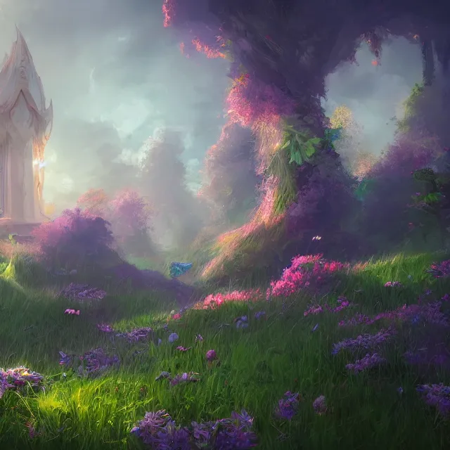Prompt: a flowery grassy godly glowing temple, fantasy, rim light, lighting, winy, artstation, digital art.