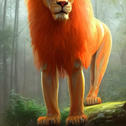 Image similar to aesthetic portrait commission of a of a male fully furry muscular anthro albino lion in orange in attractive outfit made entirely out of forest ferns,digital art,art by greg rutkowski, charles bowater, charlie bowater, ross tran, artgerm, and makoto shinkai, detailed face, hyperdetailed, photorealistic, artstation, deviantart, 4k, detailed, inked, western comic book art, award winning painting ,high definition